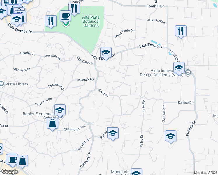 map of restaurants, bars, coffee shops, grocery stores, and more near 353 Skyline Drive in Vista