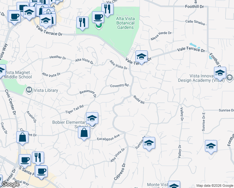 map of restaurants, bars, coffee shops, grocery stores, and more near 1260 Lexington Drive in Vista