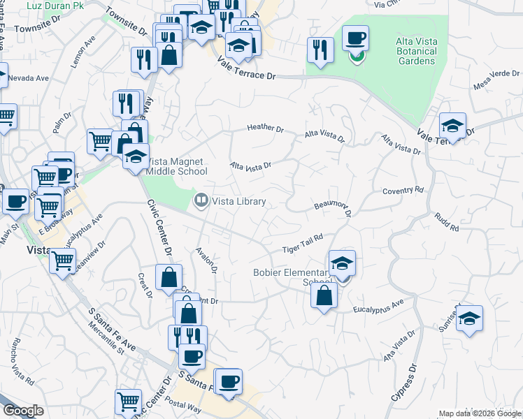 map of restaurants, bars, coffee shops, grocery stores, and more near 200 Vista Glen Lane in Vista