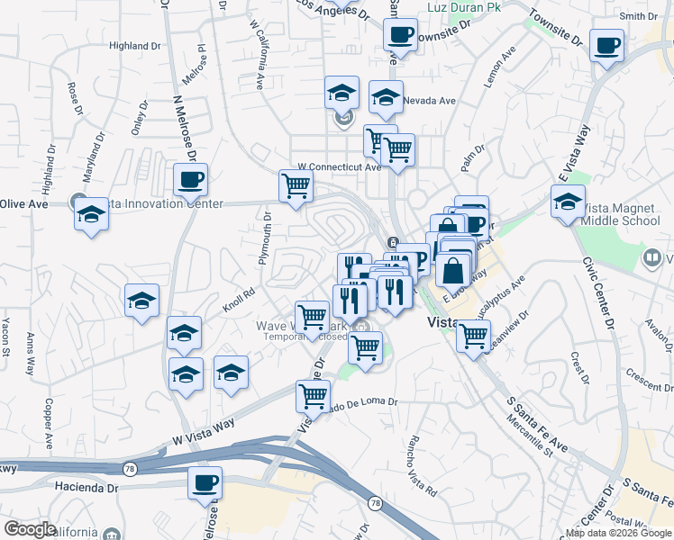 map of restaurants, bars, coffee shops, grocery stores, and more near 162 Terracina Way in Vista