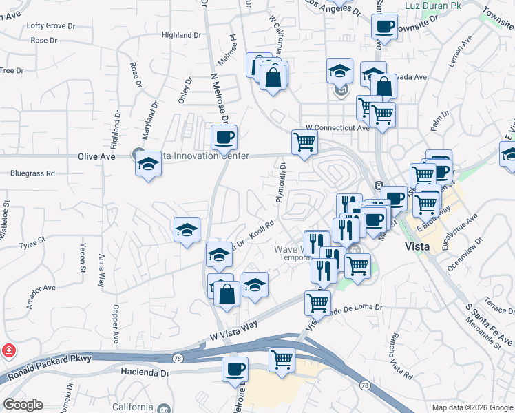 map of restaurants, bars, coffee shops, grocery stores, and more near 432 Ferrara Way in Vista