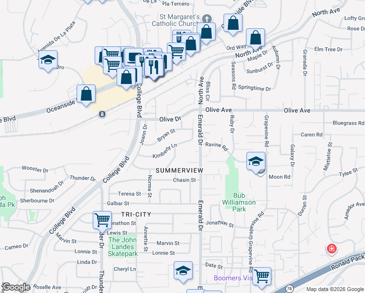 map of restaurants, bars, coffee shops, grocery stores, and more near 4195 Kimberly Lane in Oceanside