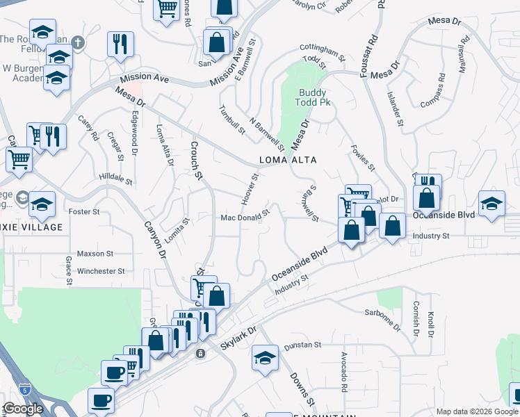 map of restaurants, bars, coffee shops, grocery stores, and more near 2850 Mac Donald Street in Oceanside