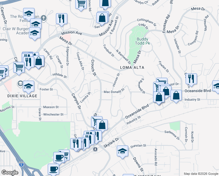 map of restaurants, bars, coffee shops, grocery stores, and more near 2747 Lomita Street in Oceanside