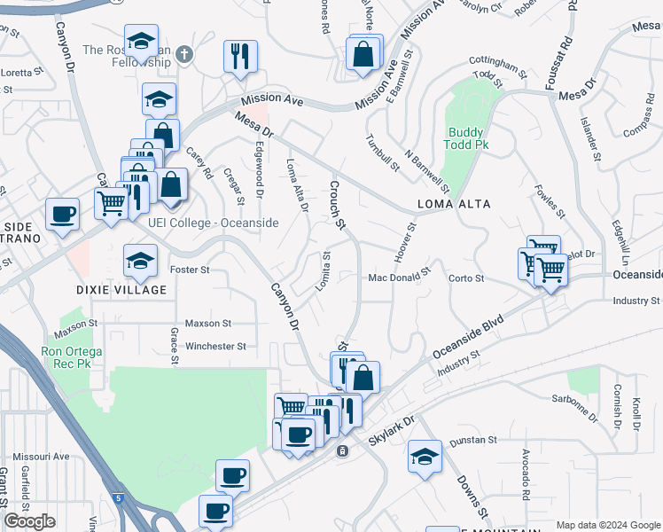 map of restaurants, bars, coffee shops, grocery stores, and more near 2617 Lomita Street in Oceanside
