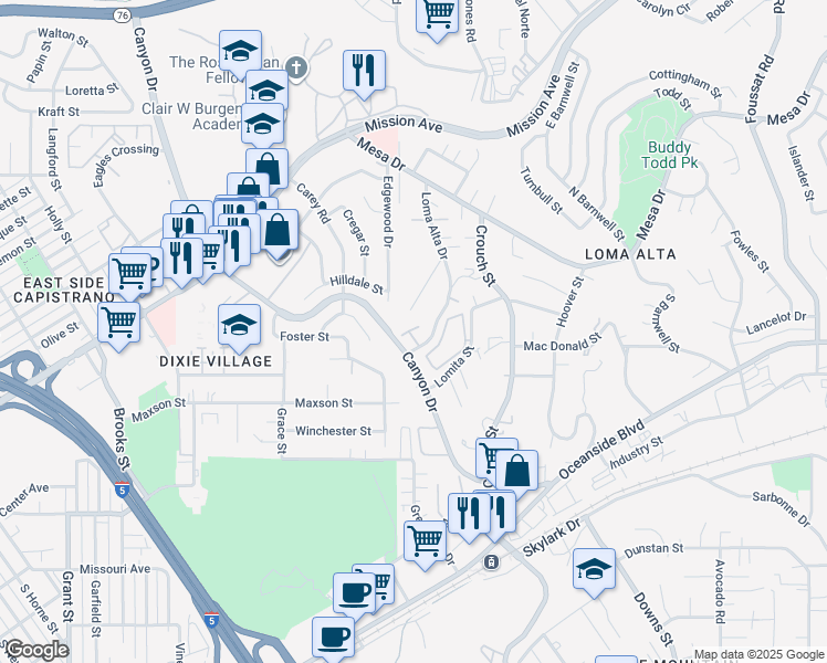 map of restaurants, bars, coffee shops, grocery stores, and more near 277 Walsh Street in Oceanside