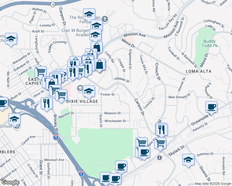map of restaurants, bars, coffee shops, grocery stores, and more near 2162 Foster Street in Oceanside