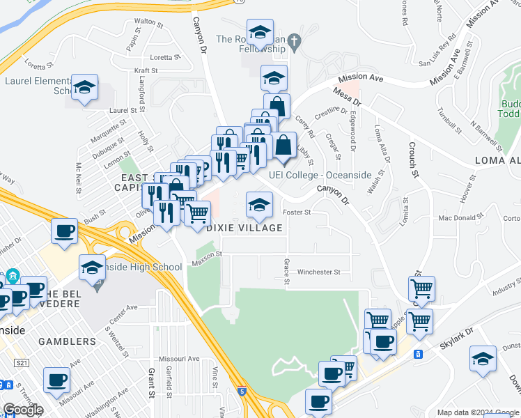 map of restaurants, bars, coffee shops, grocery stores, and more near 147 Canyon Drive in Oceanside