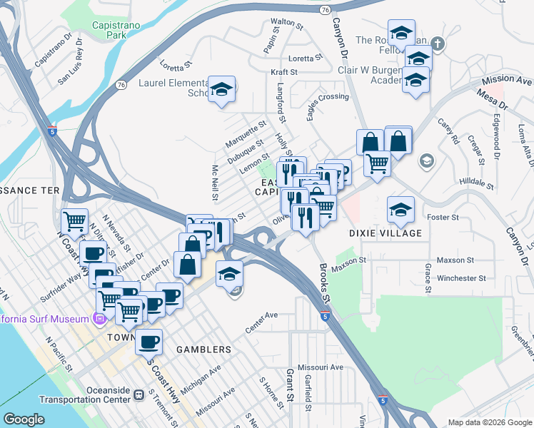 map of restaurants, bars, coffee shops, grocery stores, and more near 1349 Bush Street in Oceanside