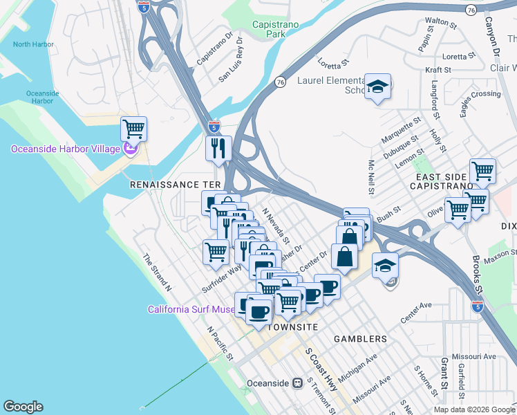 map of restaurants, bars, coffee shops, grocery stores, and more near 717 North Clementine Street in Oceanside