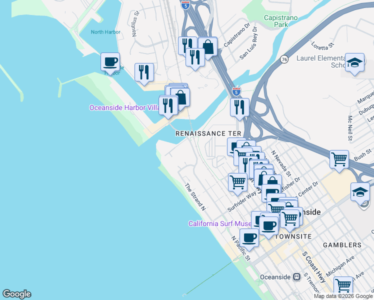 map of restaurants, bars, coffee shops, grocery stores, and more near in Oceanside