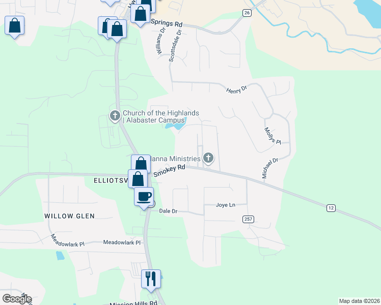 map of restaurants, bars, coffee shops, grocery stores, and more near 263 Smokey Road in Alabaster