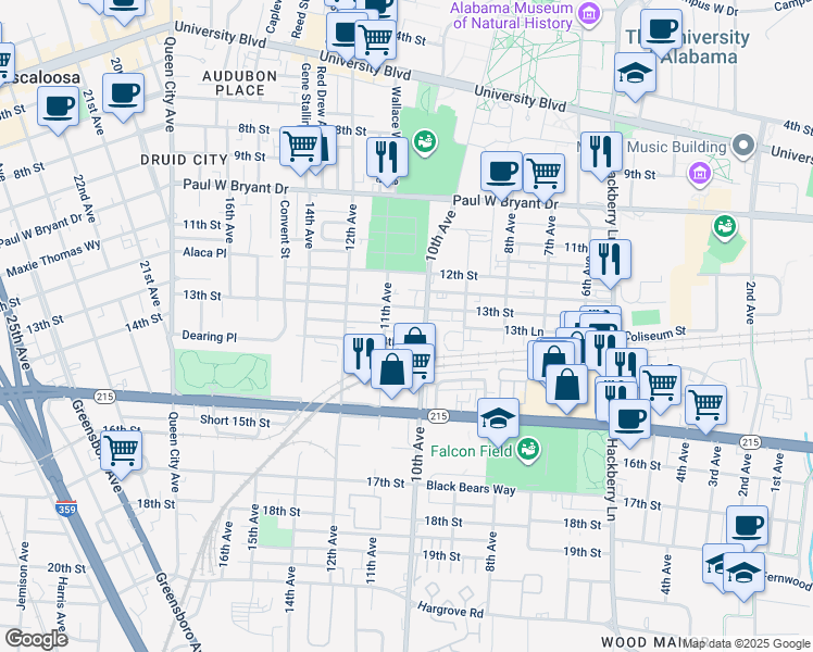 map of restaurants, bars, coffee shops, grocery stores, and more near 1001 13th Street in Tuscaloosa