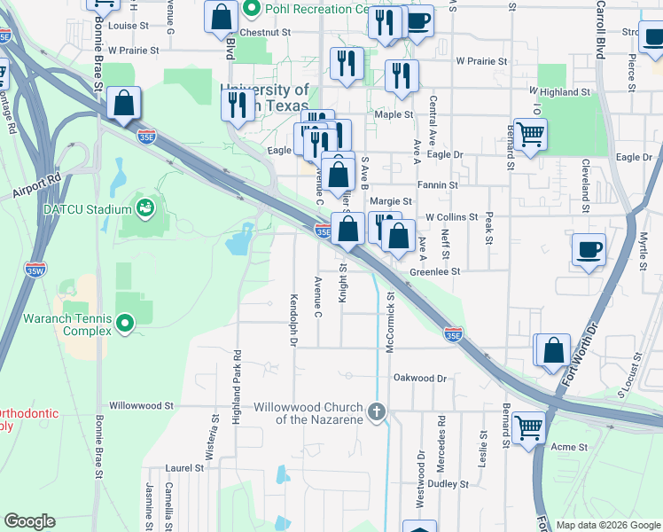 map of restaurants, bars, coffee shops, grocery stores, and more near 1207 Avenue C in Denton