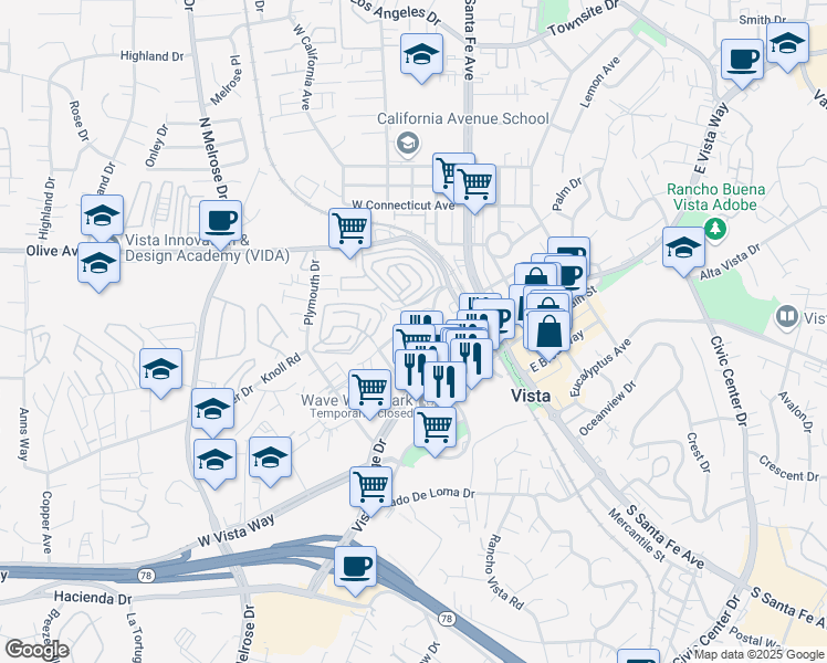 map of restaurants, bars, coffee shops, grocery stores, and more near 148 Terracina Way in Vista