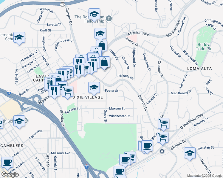 map of restaurants, bars, coffee shops, grocery stores, and more near 2146 Foster Street in Oceanside