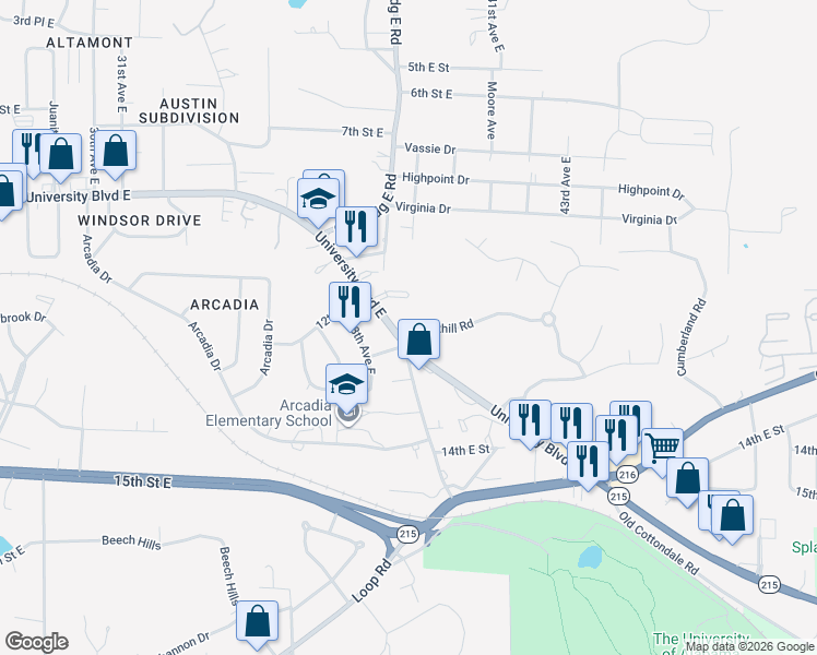 map of restaurants, bars, coffee shops, grocery stores, and more near 3910 Brookhill Road in Tuscaloosa