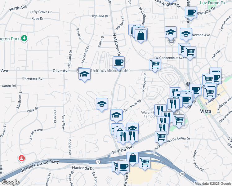 map of restaurants, bars, coffee shops, grocery stores, and more near 371 North Melrose Drive in Vista