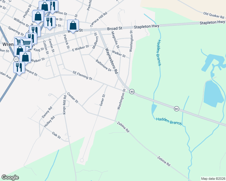 map of restaurants, bars, coffee shops, grocery stores, and more near 504 Fleming Street in Wrens