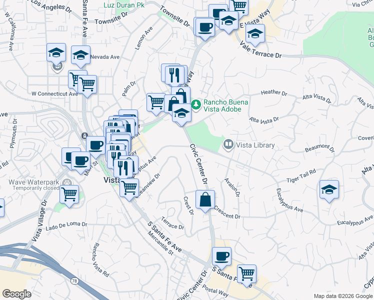 map of restaurants, bars, coffee shops, grocery stores, and more near Eucalyptus Avenue in Vista
