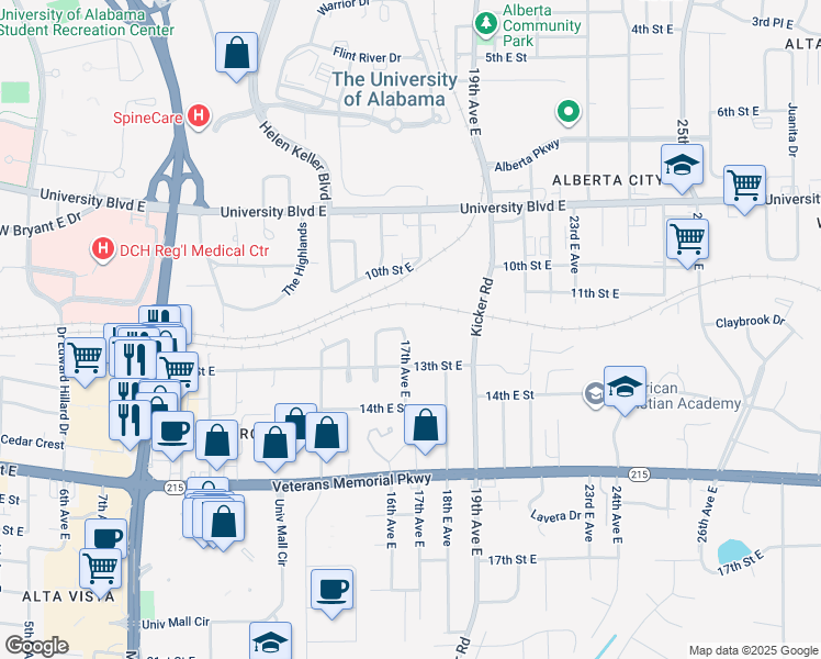 map of restaurants, bars, coffee shops, grocery stores, and more near 1201 17th Avenue East in Tuscaloosa