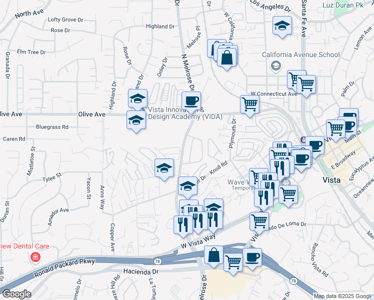 map of restaurants, bars, coffee shops, grocery stores, and more near 383 North Melrose Drive in Vista