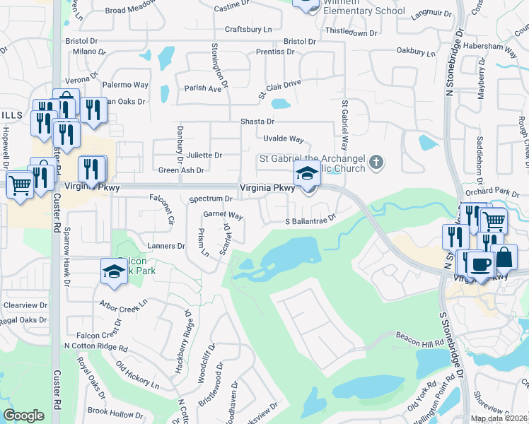 map of restaurants, bars, coffee shops, grocery stores, and more near 7902 New Castle Court in McKinney