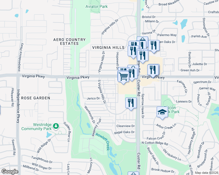 map of restaurants, bars, coffee shops, grocery stores, and more near 575 Virginia Hills Drive in McKinney