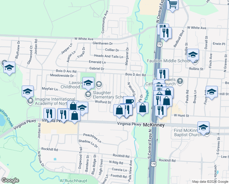 map of restaurants, bars, coffee shops, grocery stores, and more near 226 Gwendola Drive in McKinney