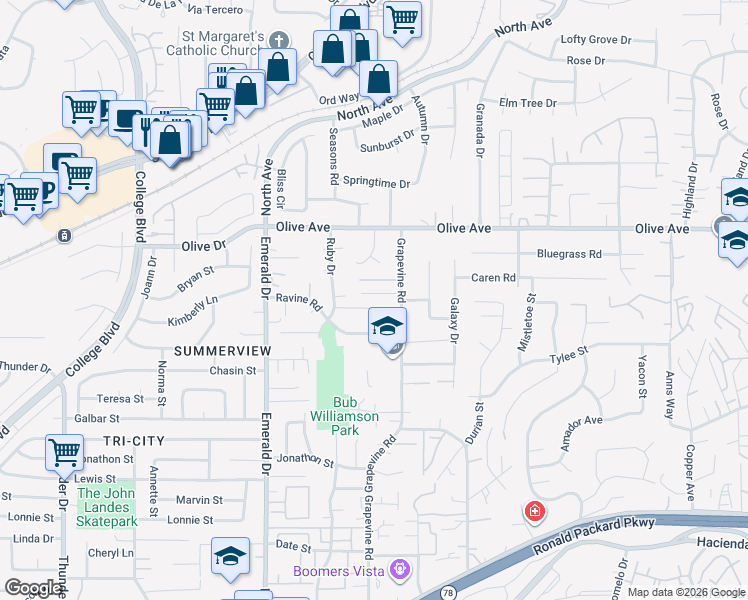 map of restaurants, bars, coffee shops, grocery stores, and more near 1535 Merlot Court in Vista