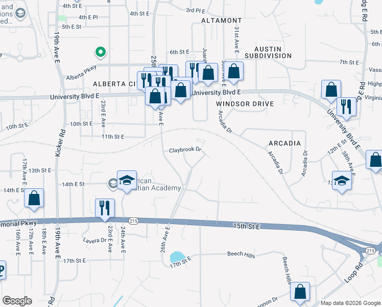 map of restaurants, bars, coffee shops, grocery stores, and more near 2729 Claybrook Drive in Tuscaloosa