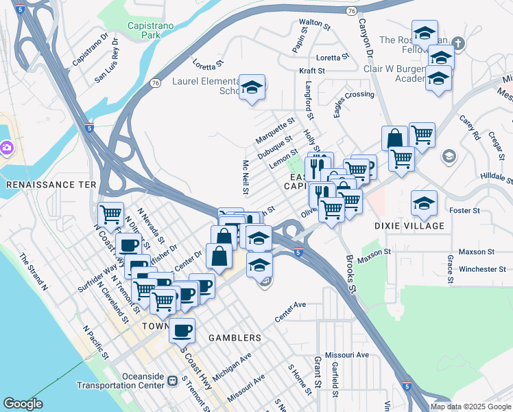 map of restaurants, bars, coffee shops, grocery stores, and more near 1311 West Puls Street in Oceanside