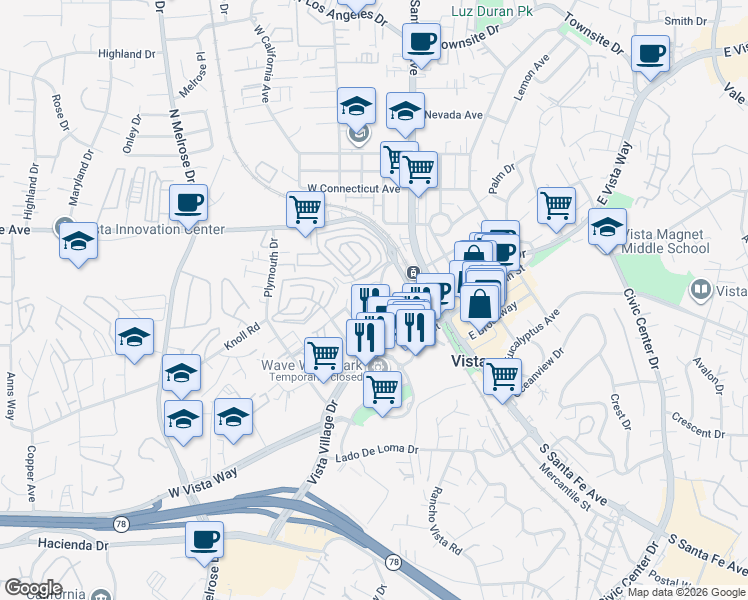 map of restaurants, bars, coffee shops, grocery stores, and more near 223 Goetting Way in Vista