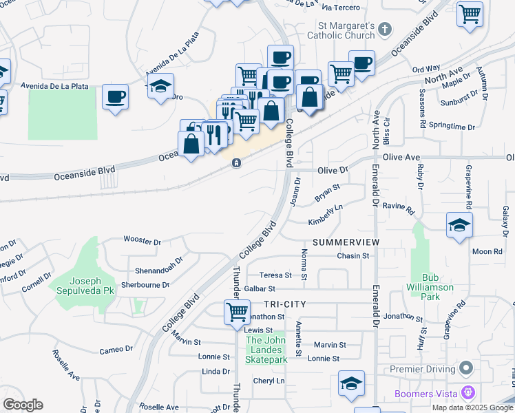 map of restaurants, bars, coffee shops, grocery stores, and more near 2539 Bradley Street in Oceanside