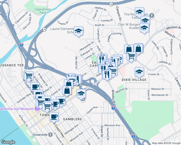 map of restaurants, bars, coffee shops, grocery stores, and more near 1349 Bush Street in Oceanside