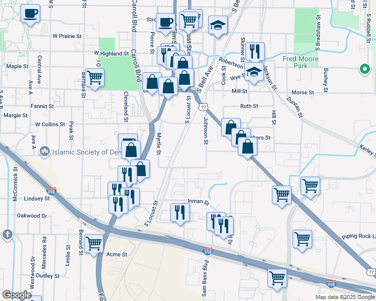 map of restaurants, bars, coffee shops, grocery stores, and more near 1212 Johnson St in Denton