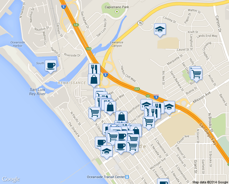 map of restaurants, bars, coffee shops, grocery stores, and more near 727 North Nevada Street in Oceanside