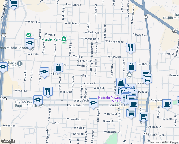 map of restaurants, bars, coffee shops, grocery stores, and more near 507 North Bradley Street in McKinney