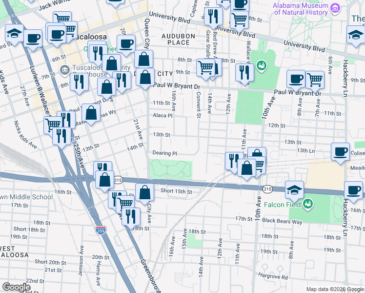 map of restaurants, bars, coffee shops, grocery stores, and more near 1311 Shady Lane in Tuscaloosa