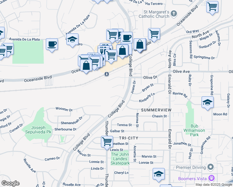 map of restaurants, bars, coffee shops, grocery stores, and more near 2539 Bradley Street in Oceanside