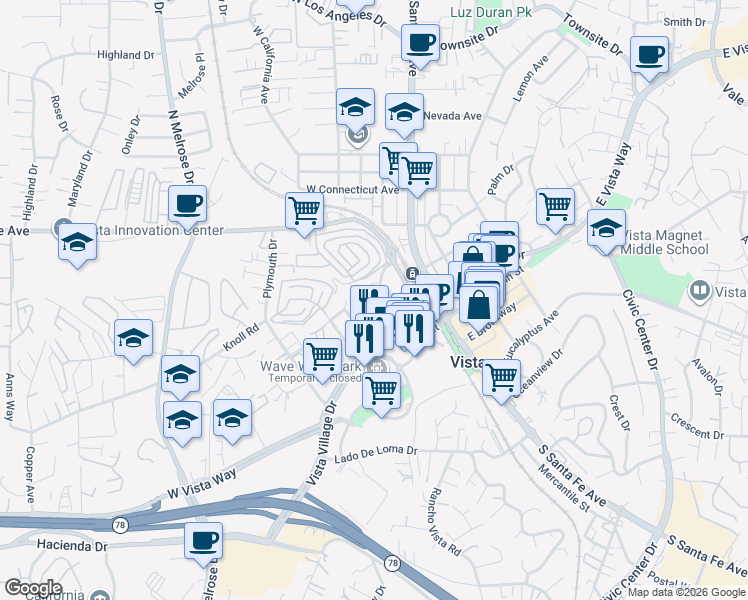 map of restaurants, bars, coffee shops, grocery stores, and more near 223 Goetting Way in Vista