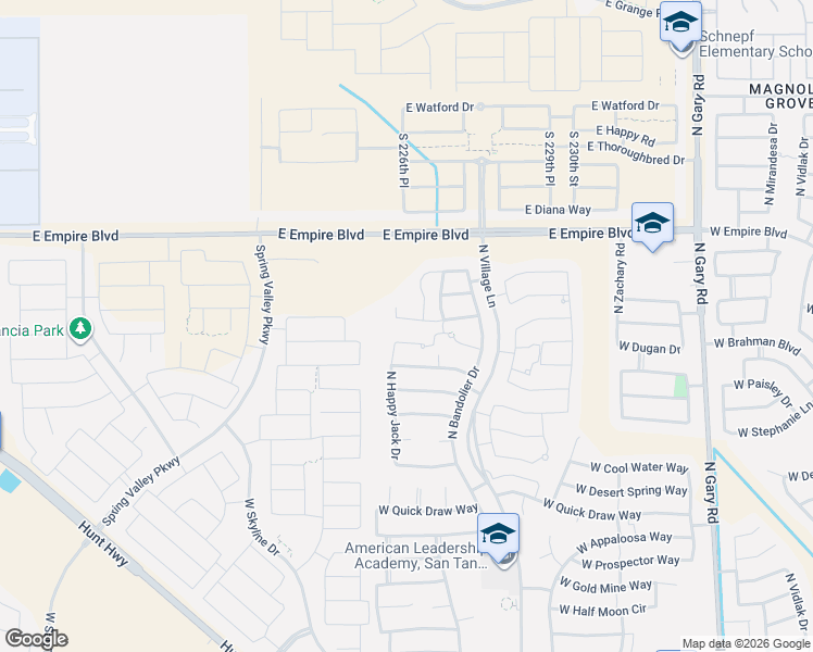 map of restaurants, bars, coffee shops, grocery stores, and more near 2500 West Arroyo Way in San Tan Valley