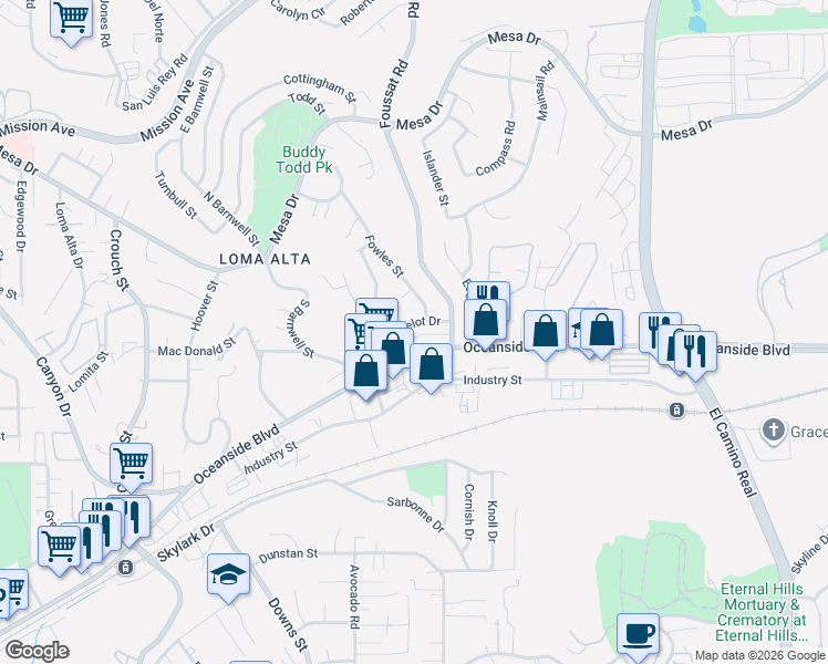 map of restaurants, bars, coffee shops, grocery stores, and more near 2713 Lancelot Drive in Oceanside