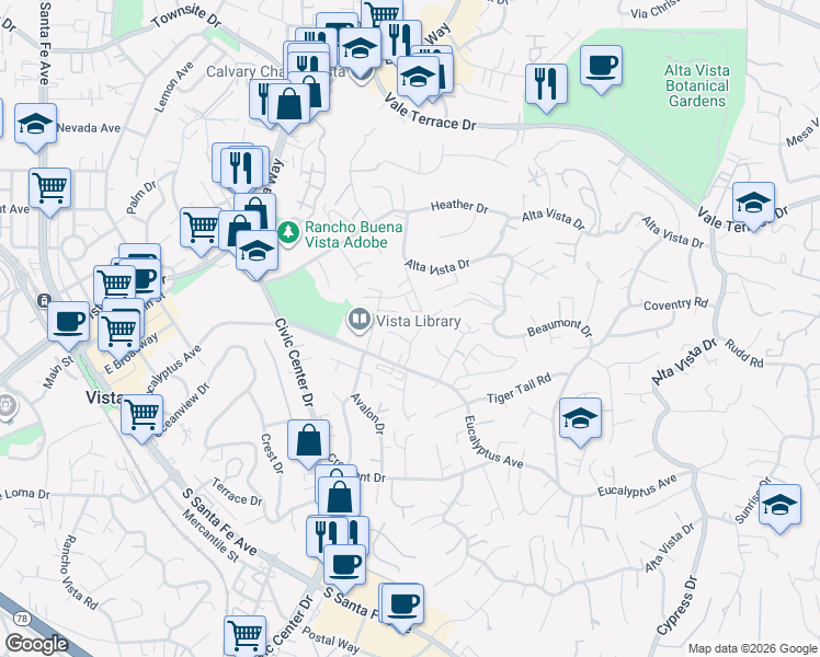 map of restaurants, bars, coffee shops, grocery stores, and more near 221 Vista Glen Lane in Vista