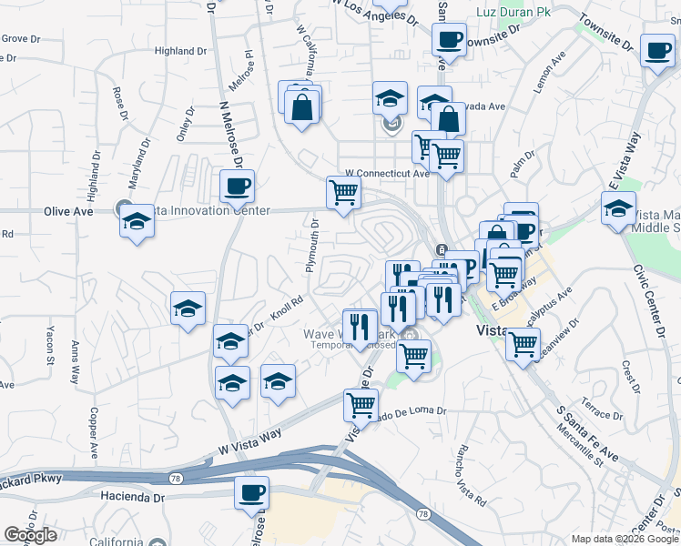 map of restaurants, bars, coffee shops, grocery stores, and more near 220 Camino Corto in Vista