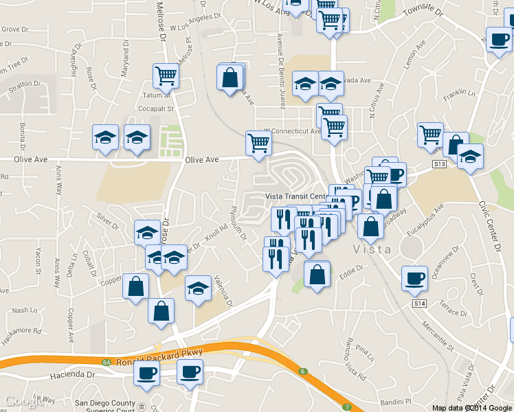 map of restaurants, bars, coffee shops, grocery stores, and more near 220 Camino Corto in Vista