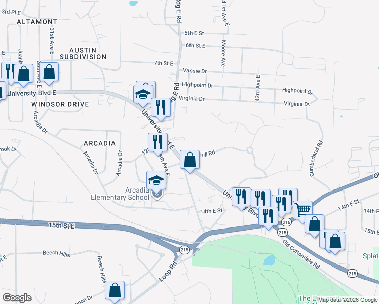 map of restaurants, bars, coffee shops, grocery stores, and more near 3910 Brookhill Road in Tuscaloosa