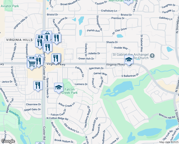 map of restaurants, bars, coffee shops, grocery stores, and more near 8439 Spectrum Drive in McKinney