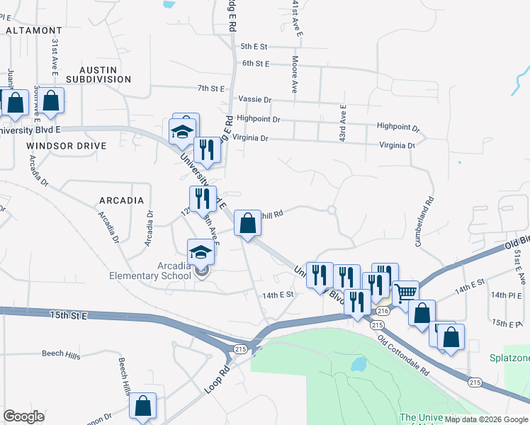 map of restaurants, bars, coffee shops, grocery stores, and more near 4000 Brookhill Road in Tuscaloosa