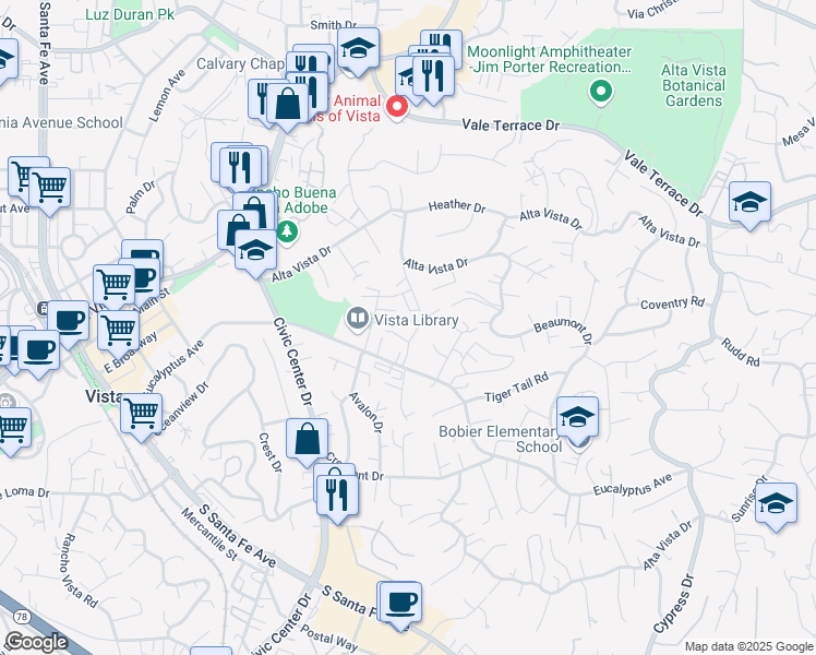 map of restaurants, bars, coffee shops, grocery stores, and more near 264 Avalon Drive in Vista